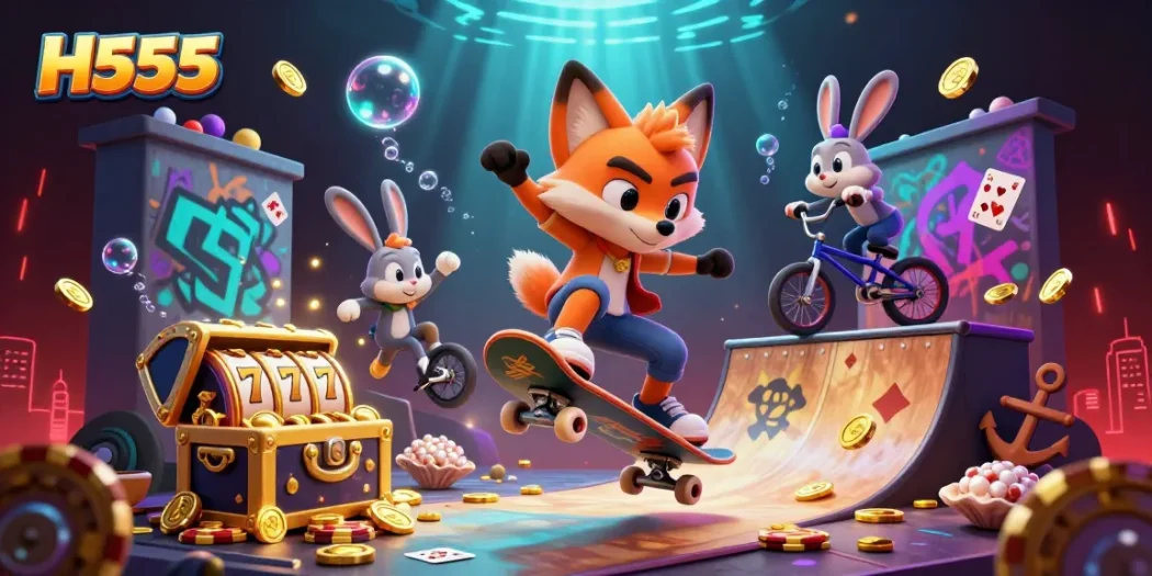 H555 showcases a vibrant 3D scene with a skateboarder fox and BMX rabbit in a casino-themed environment, capturing energetic gameplay.