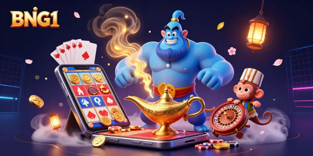 Experience thrilling gameplay at BNG1 Casino with a vibrant 3D illustration showcasing exciting gaming elements.