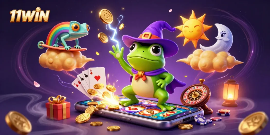 Experience the magic of 11WIN as golden coins rain down around an enchanting wizard frog.