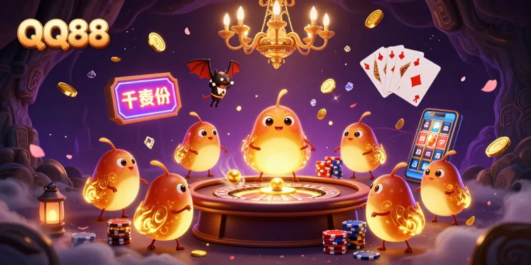 Experience the thrill of QQ88 as animated glowworms illuminate a cave casino with their unique light.