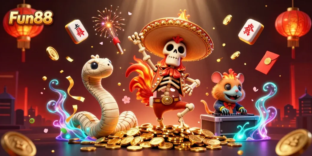 Experience fun and excitement at Fun88 with a vibrant 3D casino illustration showcasing unique characters and elements.