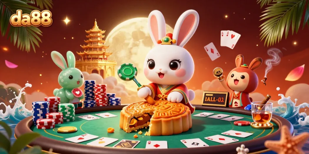 Experience thrilling wins at da88 with a vibrant moon rabbit scene blending poker elements.
